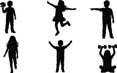 Energetic Children Jump Rope Silhouettes Vector Set, Illustrating Girls Skipping and Jumping in Playful Poses, Emphasizing Childhood, Outdoor Games, Physical Activity, Fitness, and Fun Recreation.