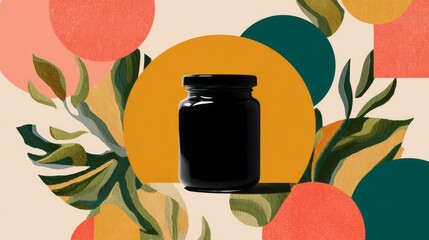 Black Cosmetic Jar with Abstract Botanical Background. AI generative