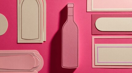 Paper Cut Wine Bottle and Label Mockup on Pink Background. AI generative