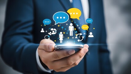 Businessman holding phone with social media and communication icons floating above the device
