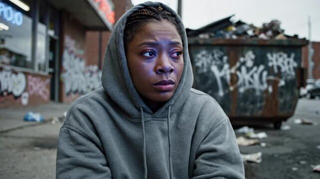 Despondent Woman in Urban Setting - A young woman in a hooded sweatshirt sits with a dejected expression on a gritty city street, surrounded by graffiti and garbage.