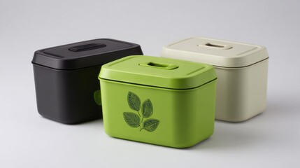Set of Eco Kitchen Storage Bins with Leaf Design on Neutral Background. AI generative
