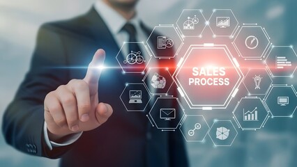 Businessman interacting with digital interface displaying process and technology for business success