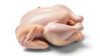Fresh raw whole chicken ready for preparation and cooking, displayed as a poultry product isolated on a pure white background
