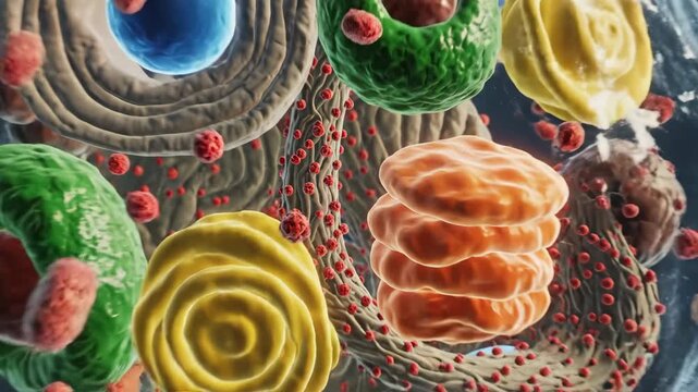 Cell Structures Illustration - Detailed illustration of a cell showing various organelles and structures. The video highlights cell biology and the internal complexity of a cell's components.