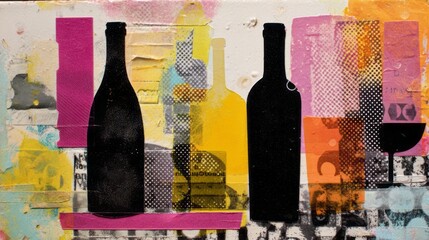 Abstract Mixed Media Collage with Wine Bottles and Glass Silhouettes. AI generative