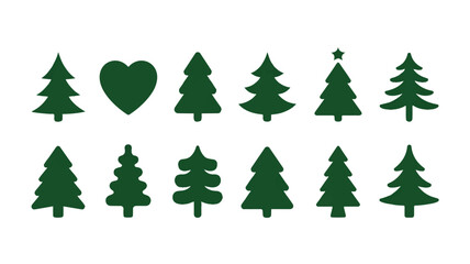 Obraz premium A set of 12 minimalist Christmas tree silhouettes arranged in two rows against a white background. 