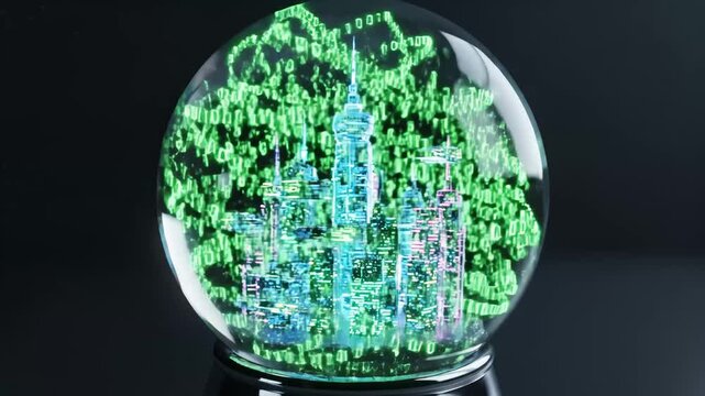 Futuristic Digital Cityscape Snow Globe with Binary Code - A digital cityscape encapsulated within a snow globe, displaying a futuristic skyline illuminated in neon hues.
