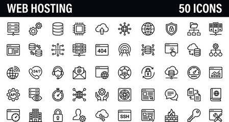 A detailed collection of modern web hosting line icons illustrating servers, cloud computing, cybersecurity, networking, data management, and performance tools ideal for digital services