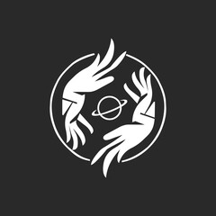 Two Stylized Hands Circling a Ringed Planet Logo Design