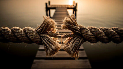 Broken rope symbolizes challenges ahead on the journey to success with a bridge over tranquil water toward the sunset, offering hope and resilience