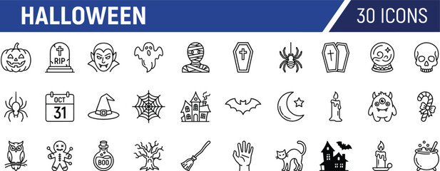 A comprehensive set of clean, modern Halloween line icons featuring pumpkins, ghosts, spiders, haunted houses, and festive spooky symbols perfect for seasonal design