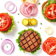 Deconstructed grilled burger patty with fresh tomato, lettuce, onion ring, and pickle slice isolated on white background