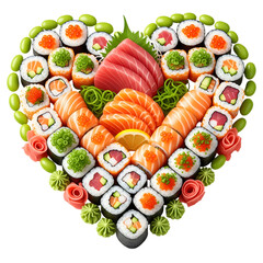 Creative Heart-Shaped Assortment of Fresh Sushi and Sashimi, Featuring Salmon, Tuna, Maki Rolls, and Edamame, Perfect for a Romantic Meal