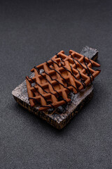Belgian waffles, a healthy sweet breakfast dessert, food background. Belgian waffles
