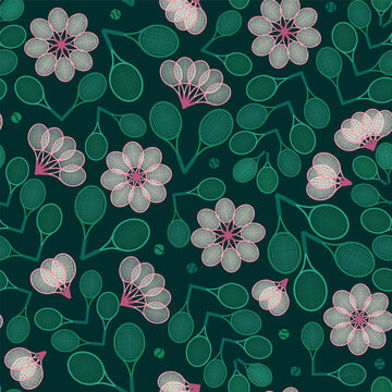 Dark Green Tennis Blossom background pattern print. Funny and quirky. Perfect for fabric, wallpaper, scrapbooking and stationery. Surface pattern design