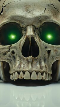 Close up of a spooky ancient human skull with eerie green glowing lights and smoke coming out of its eye sockets on a reflective surface