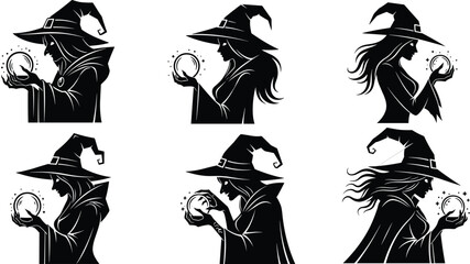 Beautiful and evil witch with magical crystal ball silhouette vector set.