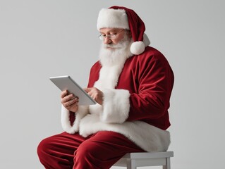 Naklejka premium Modern Santa Claus in a vibrant red suit, sitting on a chair, using a tablet device, showcasing a contemporary twist on traditional holiday imagery with a festive atmosphere