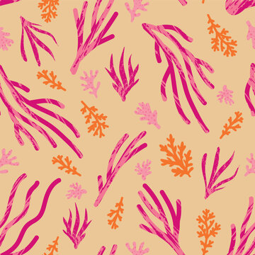 Pink Sea Creatures on Sand background pattern print. Ideal for original decorations. Perfect for fabric, wallpaper, wrapping, scrapbooking and stationery. Surface pattern design.