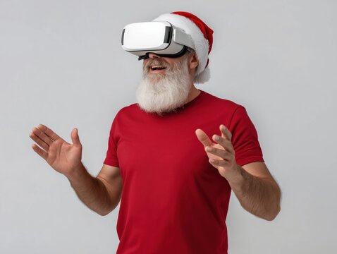 Modern Santa Claus wearing virtual reality headset, enjoying immersive experience, with festive red shirt and Santa hat, embodying holiday spirit in a contemporary setting