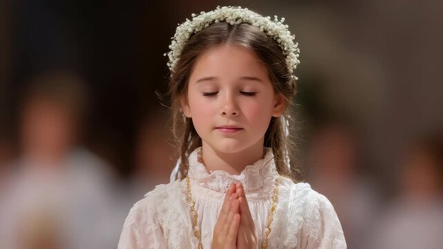 First Holy Communion: A Young Girl Praying with Hands Clasped, Wearing White Dress and Flower Crown, Religious Ceremony, Faith and Spirituality