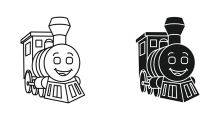 Happy Cartoon Train Engine Outline and Silhouette Vector Icons © mst