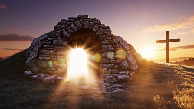 Empty Tomb and Cross at Sunrise - The video shows an empty stone tomb entrance with bright light emanating from within, symbolizing resurrection.