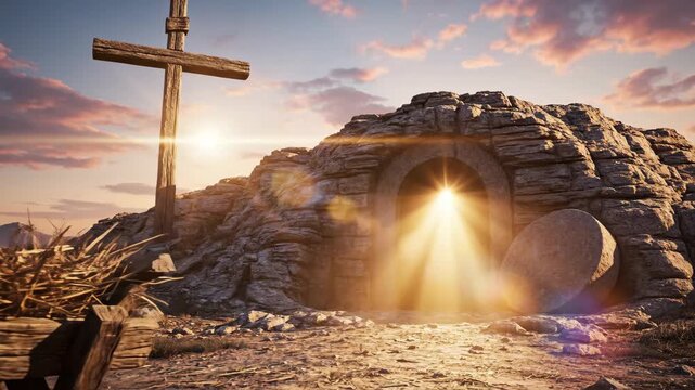 Empty Tomb and Cross Symbolizing Resurrection - This video features an empty tomb with light emanating from within, symbolizing the resurrection.