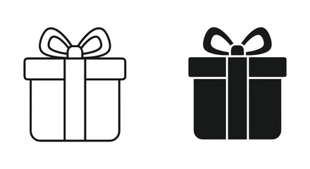 Gift Box Icon Set: Outline and Solid Black Symbols for Presents and Celebrations