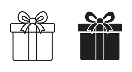 Gift box icons with bow. Present symbol in outline and solid fill styles, perfect for holidays and celebrations.