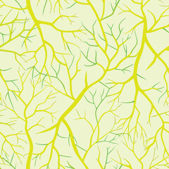 Abstract pattern of yellow and green branching lines on a pale yellow background Keywords: abstract, pattern, branching, lines, yellow, green