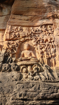 India, Uttar Pradesh, Lalitpur, Ancient Buddha Caves Near Deogarh,, Caves Dated Back in 6th Century, Rock Carvings of Lord Buddha.