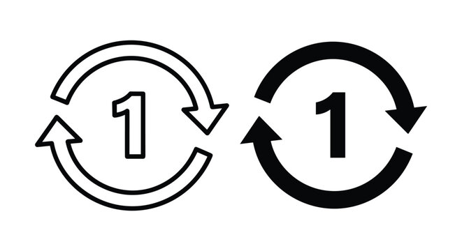 Repeat One Time Icon - Circular Arrow with Number 1 in Outline and Filled Styles