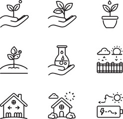 Ecology and sustainability icon set. Collection of minimalist leaf, plant, and eco-themed symbols.
