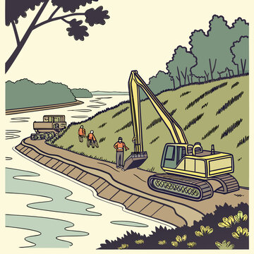 Construction workers and an excavator work on a riverbank project to reinforce the embankment with heavy machinery