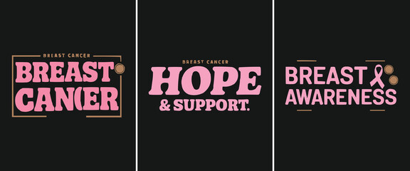 Breast cancer awareness typography set with pink ribbon support message and hope advocacy graphic design elements