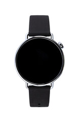 A smart watch in a laconic design with a black bracelet, isolated on a white background