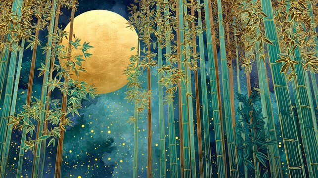 Bamboo grove full moon fantasy art in Japanese style with gold accents