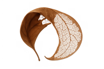 Dried skeleton leaf showing intricate veins and a decaying texture on transparent background, symbolizing autumn lifecycle