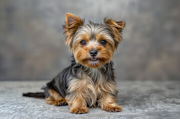 Small dog sits on surface with a light background and looks at the camera during indoor setting in the afternoon
