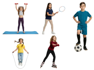 Active children showcasing diverse sports and fitness activities on isolated stage