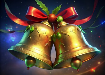 Golden christmas bells with red ribbon and festive lights