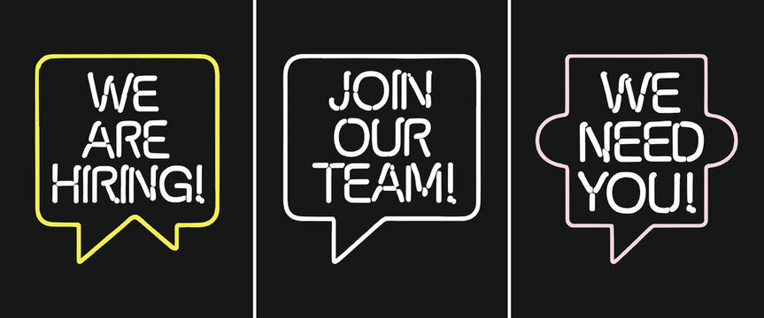 Neon speech bubble recruitment signs with hiring announcement typography for job vacancy and team recruitment visuals