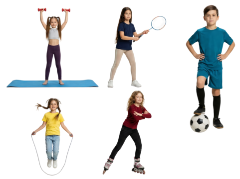 Active children showcasing diverse sports and fitness activities on isolated stage