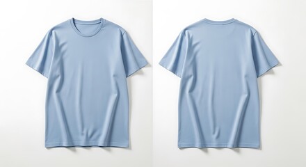 Front and back view of a blank light blue shortsleeve tshirt, made from soft cotton fabric, perfect for casual wear or custom design, isolated on white background