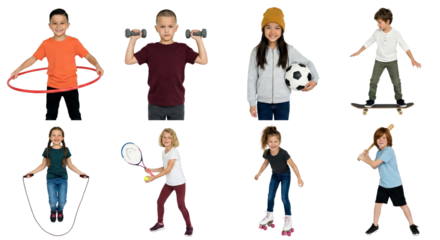 Diverse children showcasing various sports and physical activities on a transparent background