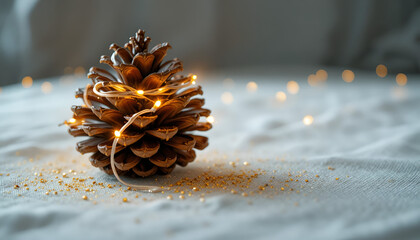 Pinecone adorned with fairy lights and gold glitter on a textured white fabric surface