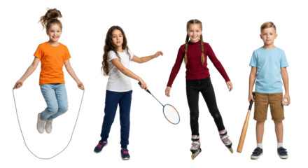 Diverse group of children engage in joyful sports activities against a plain backdrop