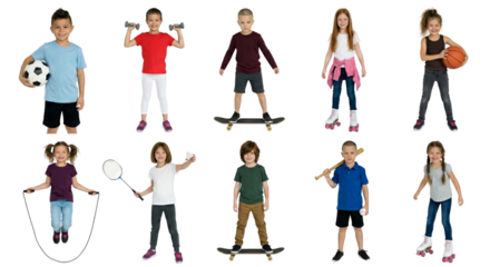 Collection of Active Children Engaged in Sports Isolated on a Transparent Background